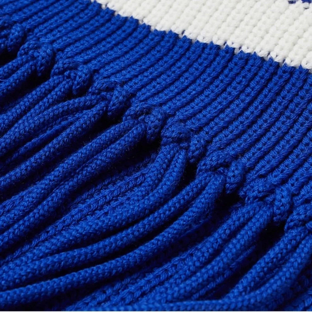 New! VERSACE Logo Intarsia Knit Fringe Oversized Unisex Wool Scarf in Royal Blue
